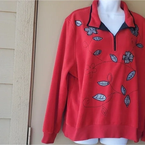 Vintage 1990s Grandma Core Red Checkered 1/4 Zip floral Fleece Pullover - Picture 5 of 10